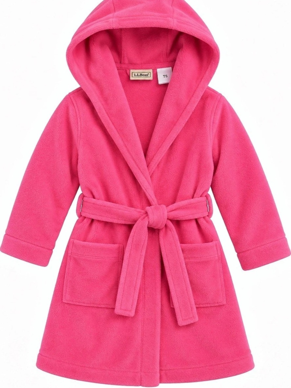 L.L.Bean Girls Pink Fleece Bathrobe Robe Hooded Tie Front TS